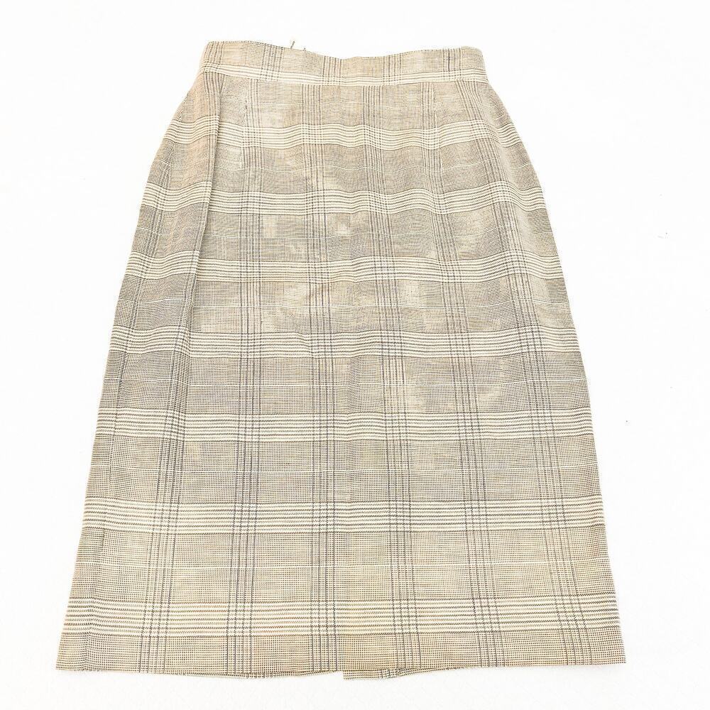 Laurel Patterned Plaid Straight Linen Pencil Skirt Cream Brown Size 40